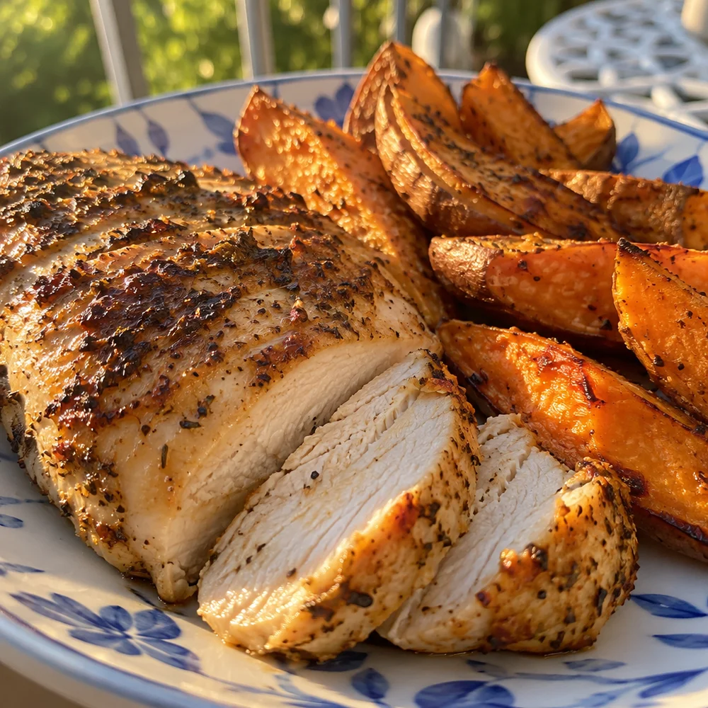 High-protein oven-baked turkey breast with sweet potato wedges