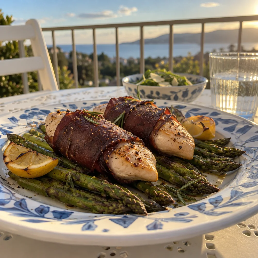 Juicy bresaola-wrapped chicken on green asparagus