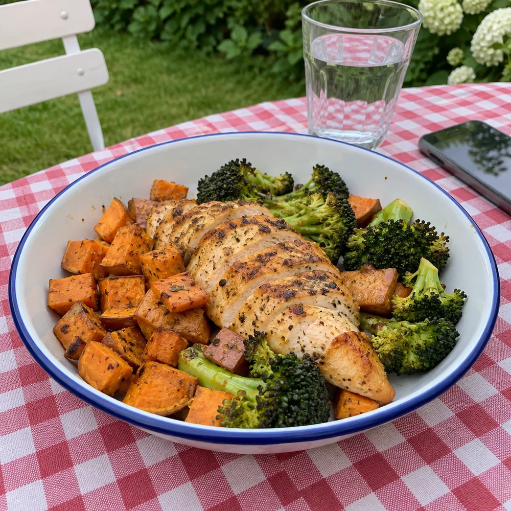 Juicy chicken breast traybake with crispy sweet potatoes