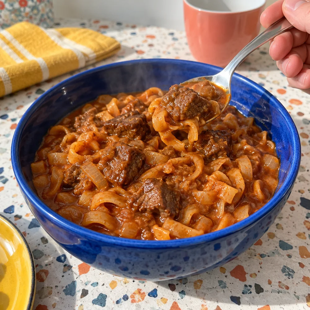 Juicy diced beef goulash with red lentil pasta