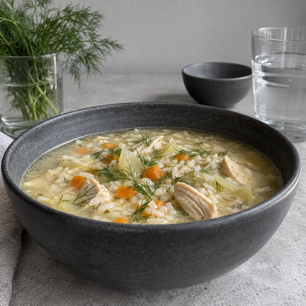 Mild chicken and rice soup with fennel