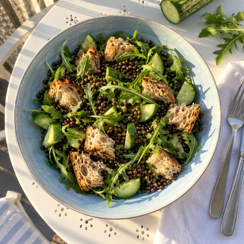 Sourdough crouton bowl with lentils and rocket
