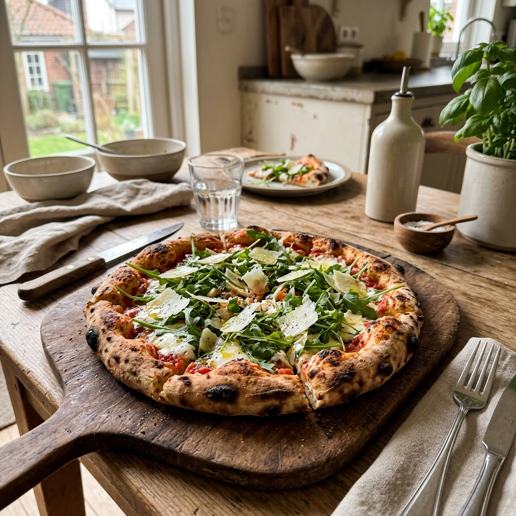 Sourdough pizza with rocket and parmesan
