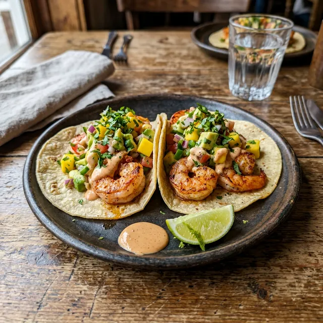 Quick spicy prawn tacos with mango and avocado salsa
