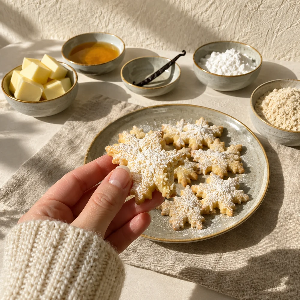 Snowflake cookies with cornflour and vanilla