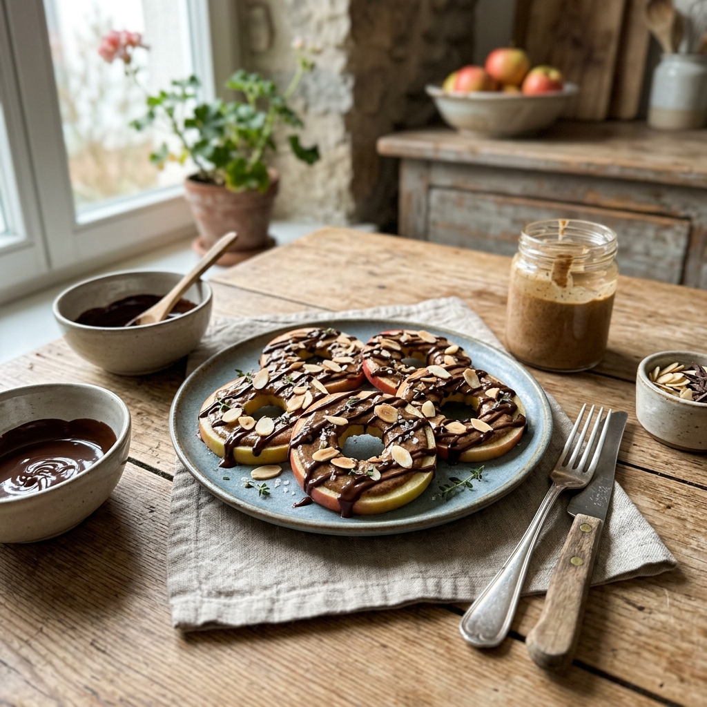Quick apple rings with almond butter and chocolate