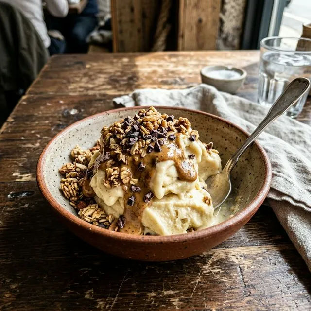 Quick banana nice cream with peanut butter and granola