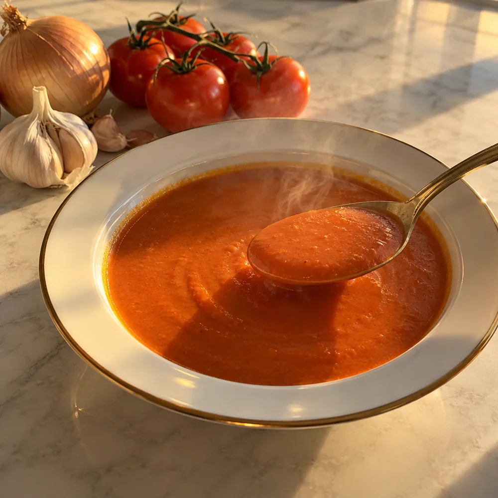 Creamy roasted tomato soup with basil