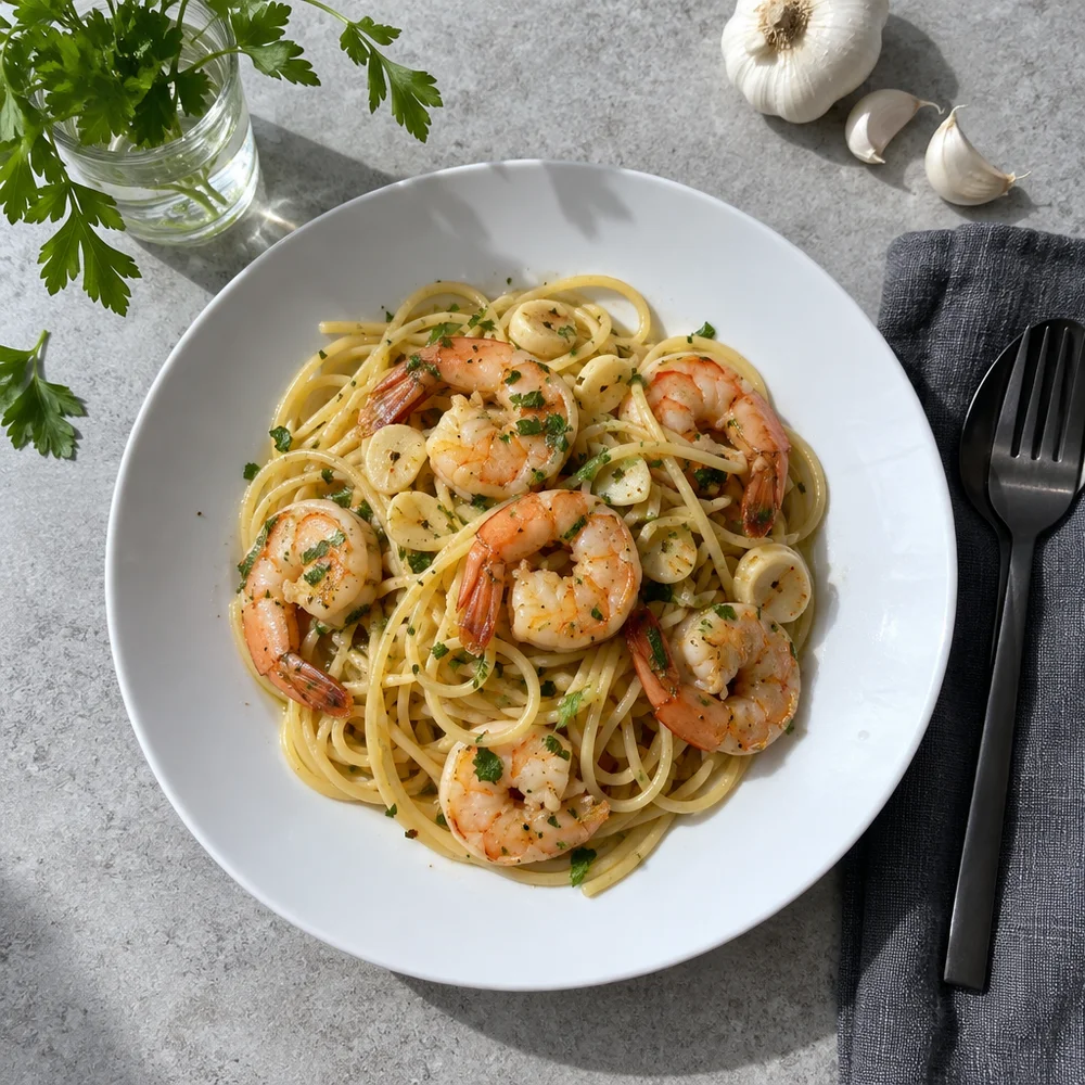 Quick garlic prawn pasta