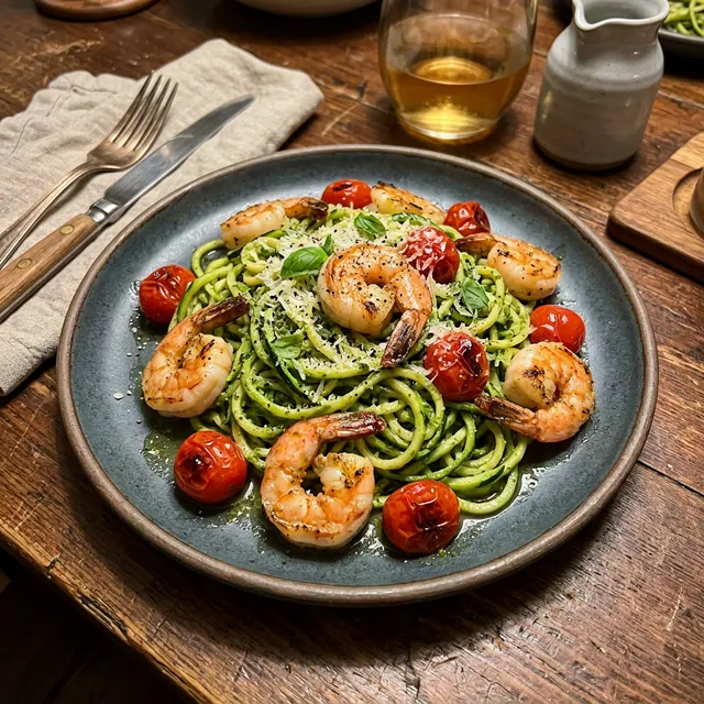 Quick prawn courgette noodles with pesto