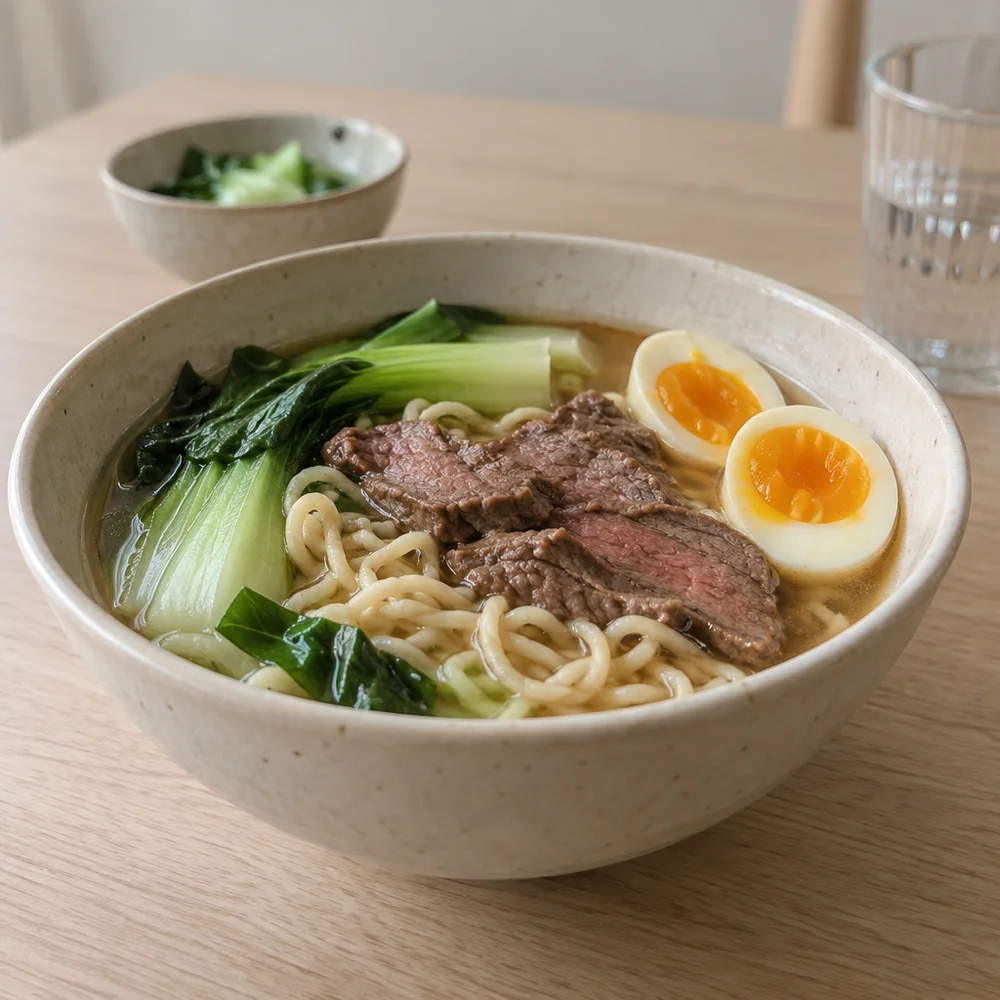 Japanese beef ramen with pak choi and egg
