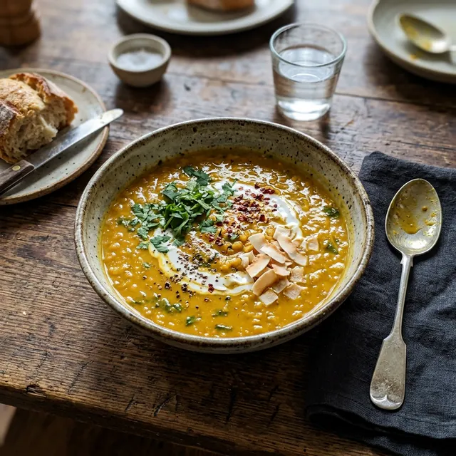 Vegan coconut and lentil soup with ginger