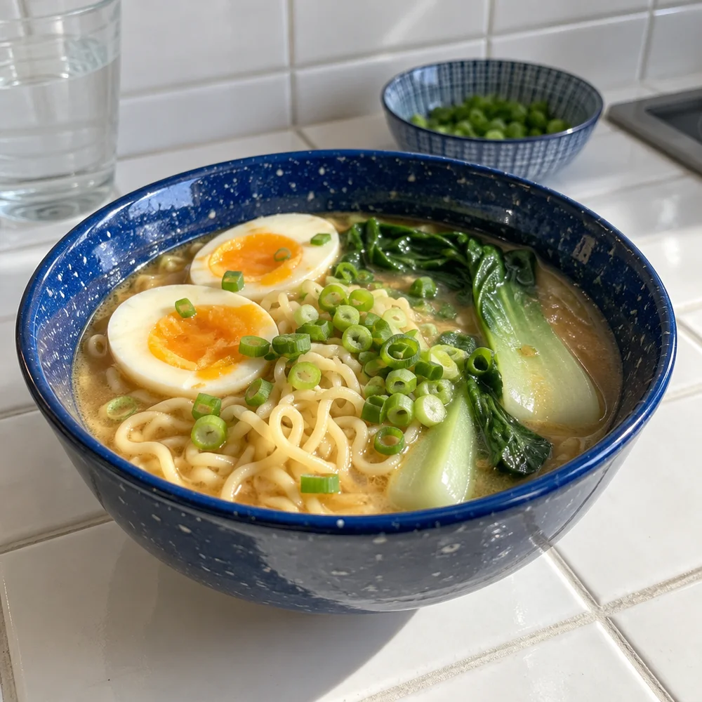 Quick miso ramen with egg and pak choi