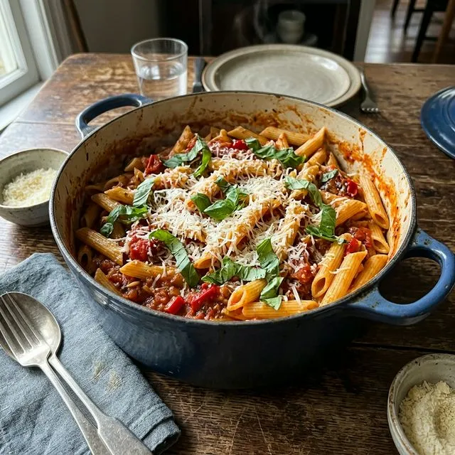 Quick one-pot tomato pasta with basil