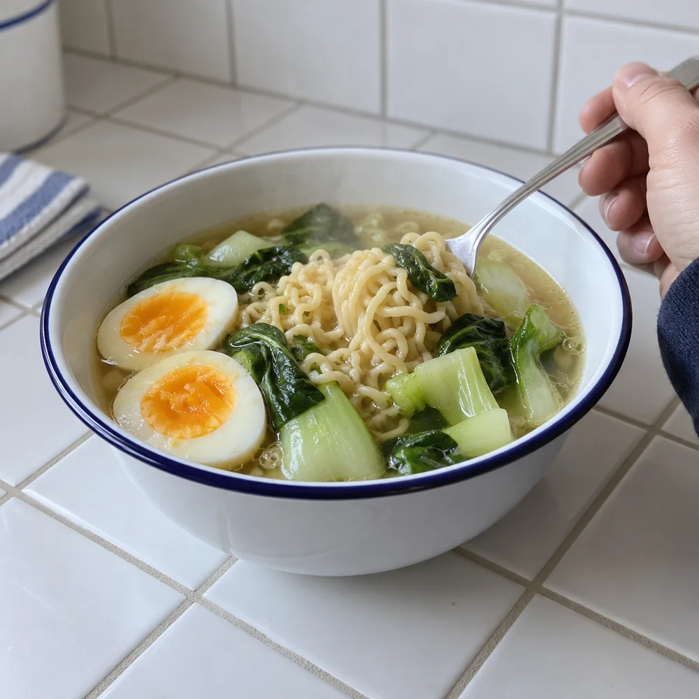 Quick ramen bowl with egg and pak choi