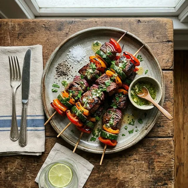 Quick beef and vegetable skewers with herb butter