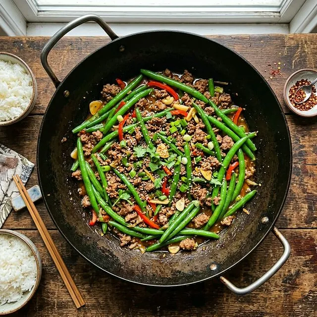 Quick beef mince and green bean pan-fry