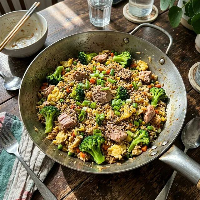 Quick tuna and rice pan with fresh broccoli