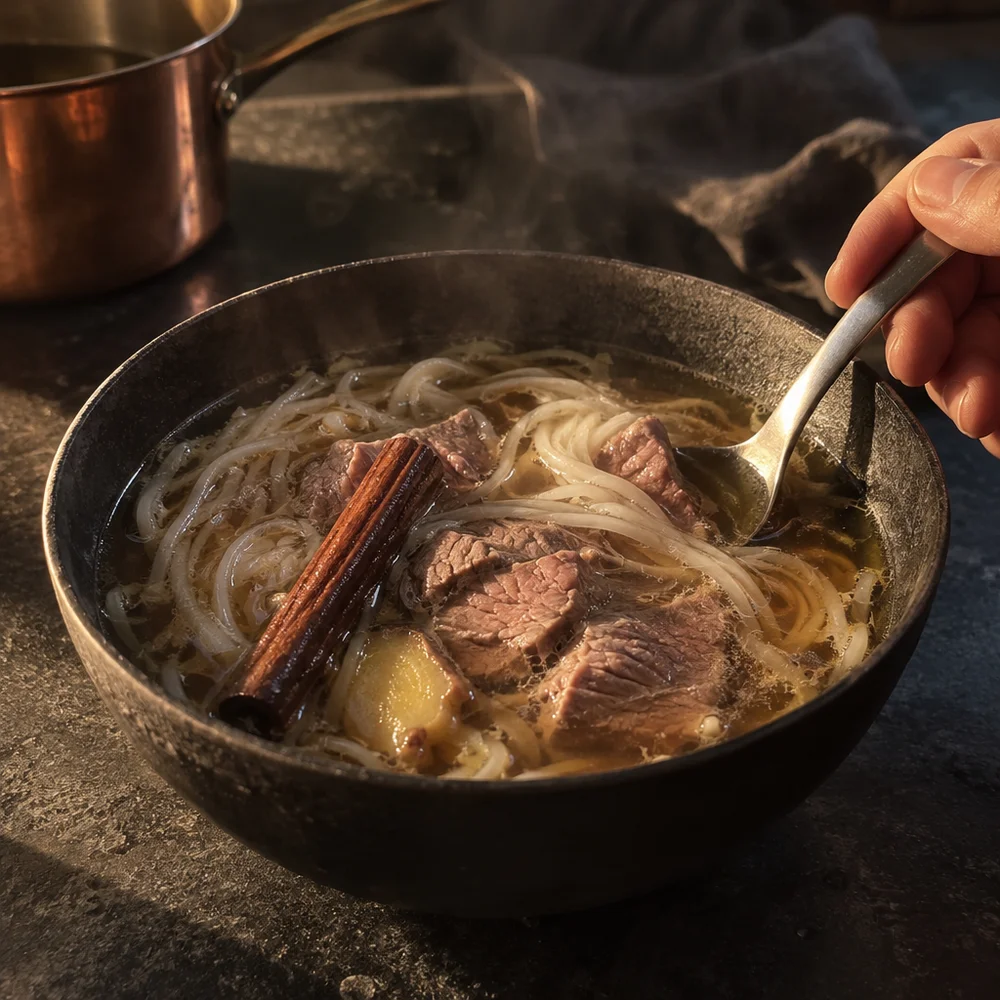 Vietnamese pho with beef and rice noodles
