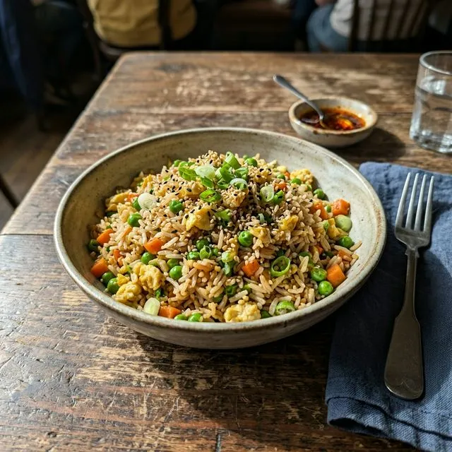 Quick vegetable fried rice with egg and sesame