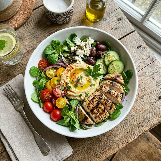 Quick chicken and hummus salad bowl