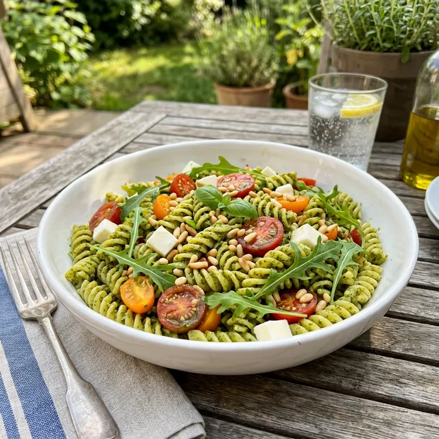Quick pasta salad with pesto and mozzarella
