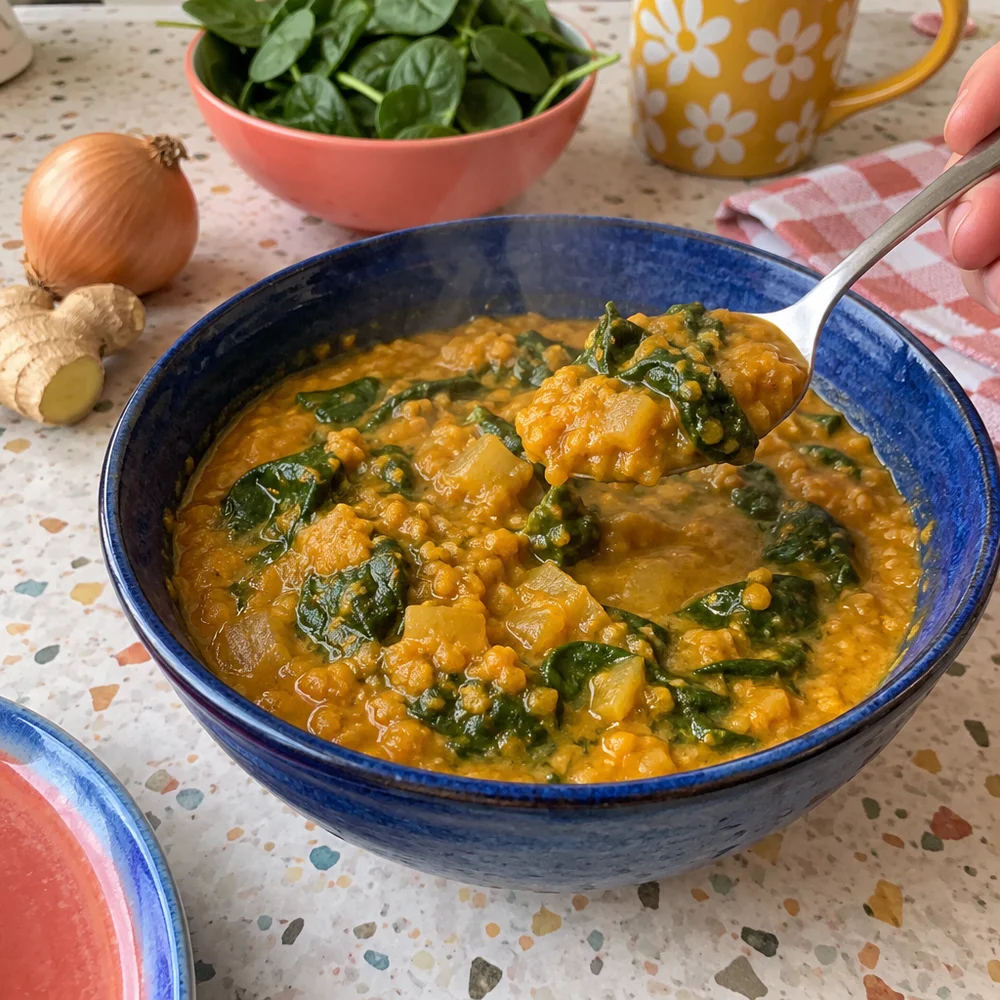 Vegan red lentil curry with baby spinach