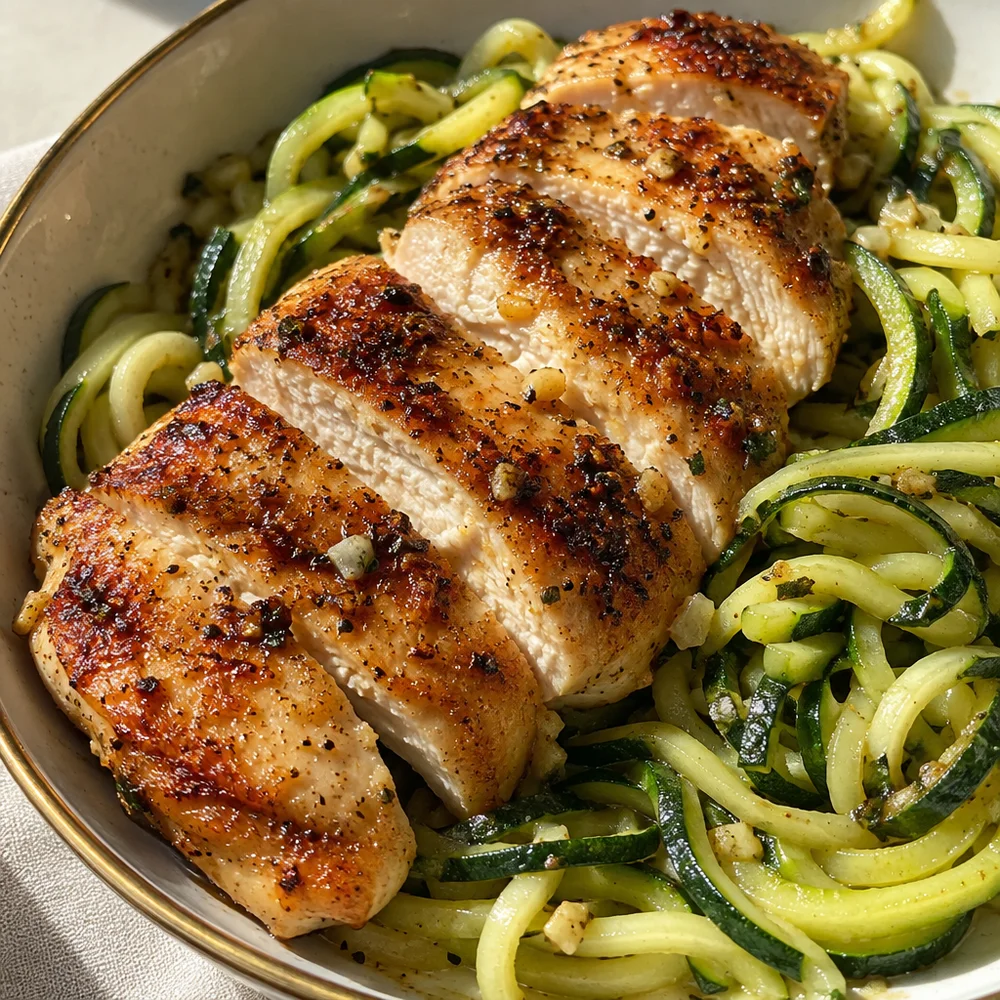 Quick, juicy garlic butter chicken with courgette noodles
