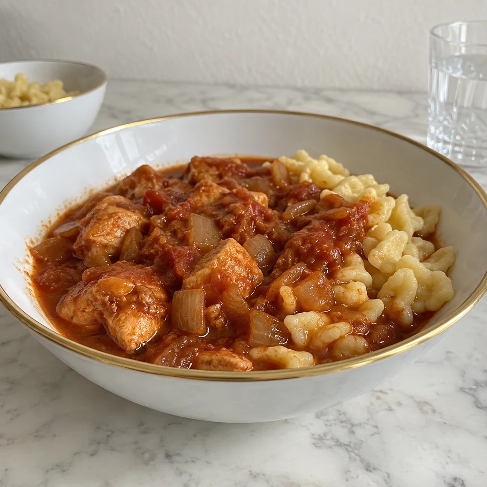 Hungarian paprika chicken goulash with dumplings