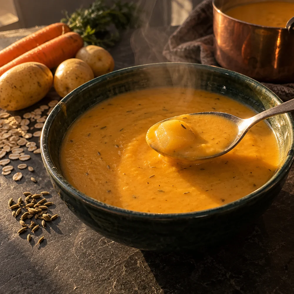 Vegan oat and carrot soup with fennel seeds