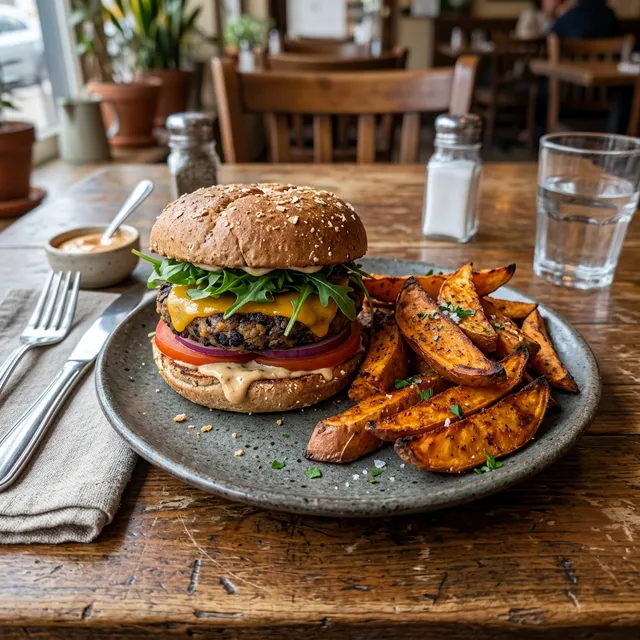 Vegan black bean burger with sweet potato wedges