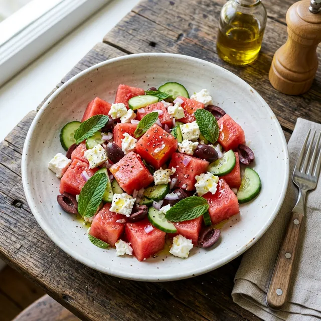 Low-carb summer watermelon and feta salad bowl with mint