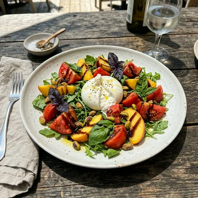 Summery tomato and peach salad with creamy burrata and basil