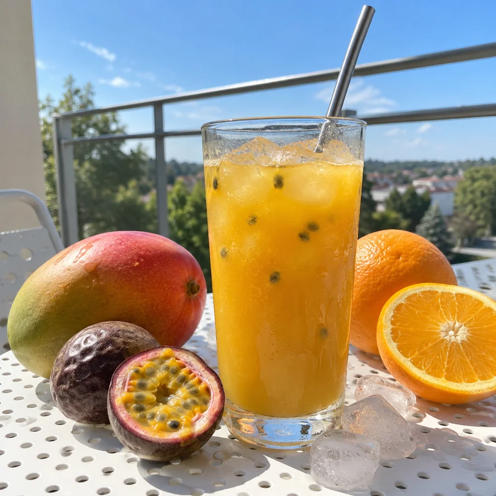 Vegan mango, passion fruit and orange juice