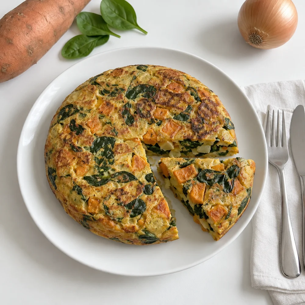Spanish sweet potato tortilla with leaf spinach
