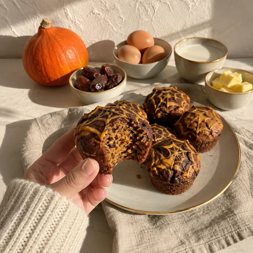 Spider web muffins with squash, cocoa and dates