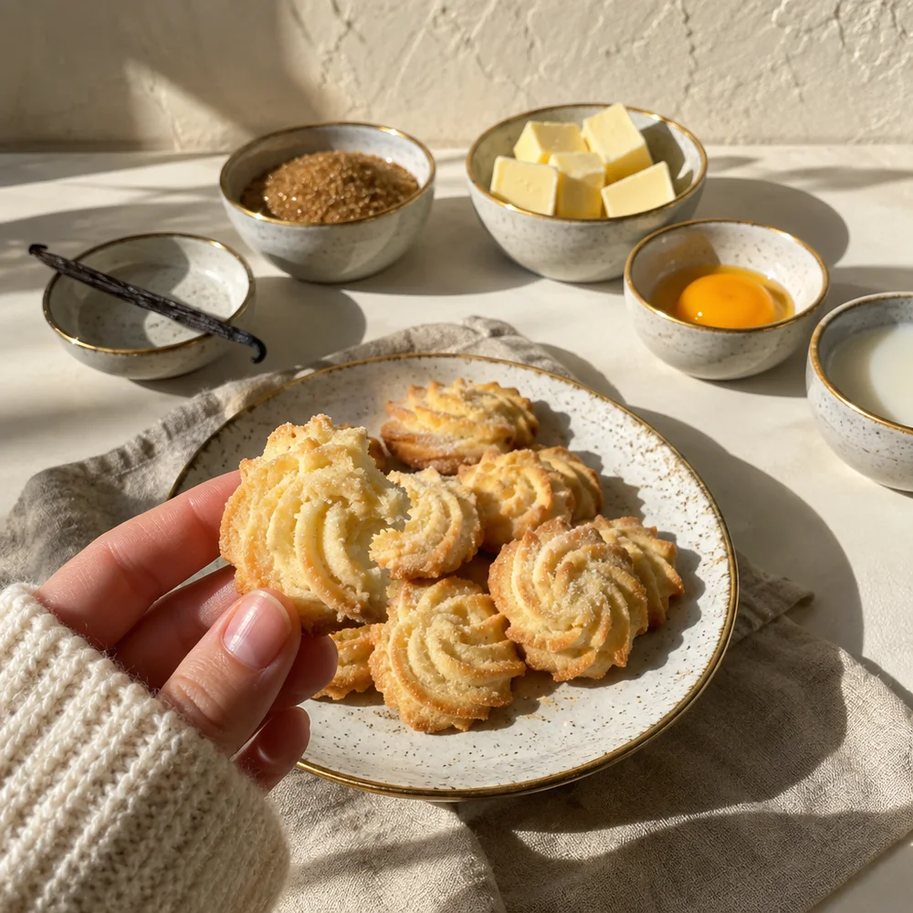 Spritzgebäck (piped butter cookies) with butter and vanilla seeds