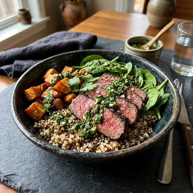 Steak bowl with quinoa, sweet potato and chimichurri