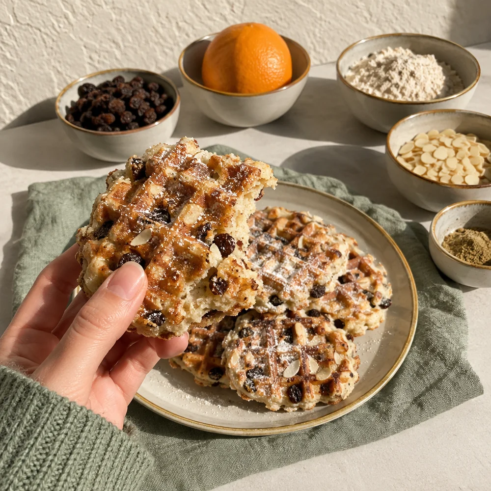 Stollen waffles with raisins, almonds and cardamom