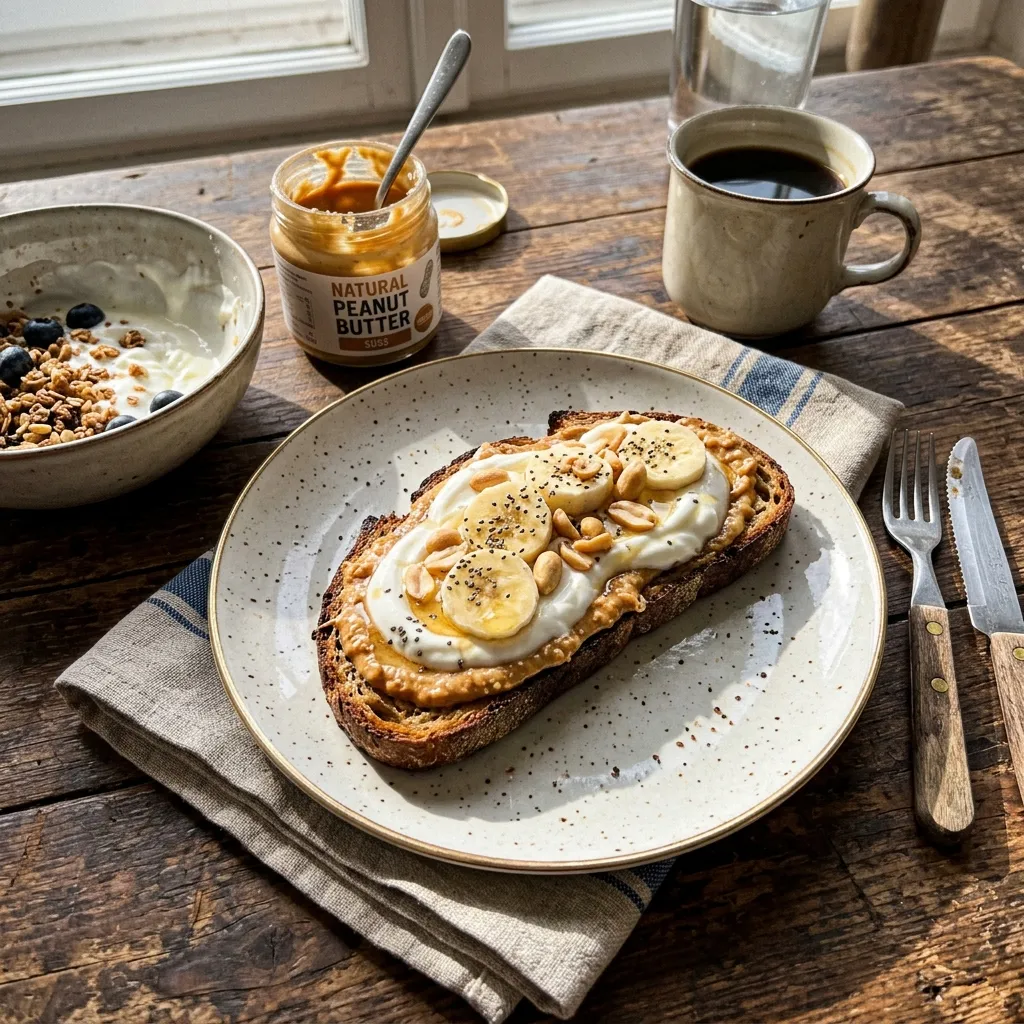 Bread with peanut butter, yoghurt and banana