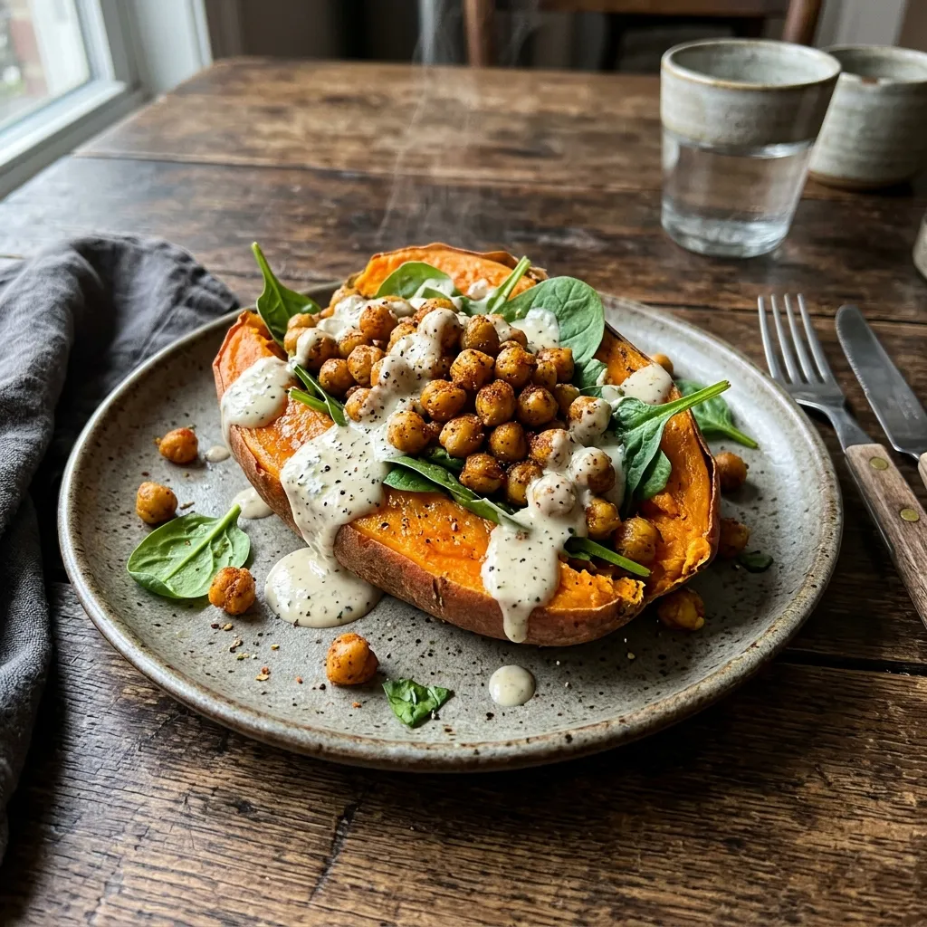 Crispy sweet potato kumpir with herb quark