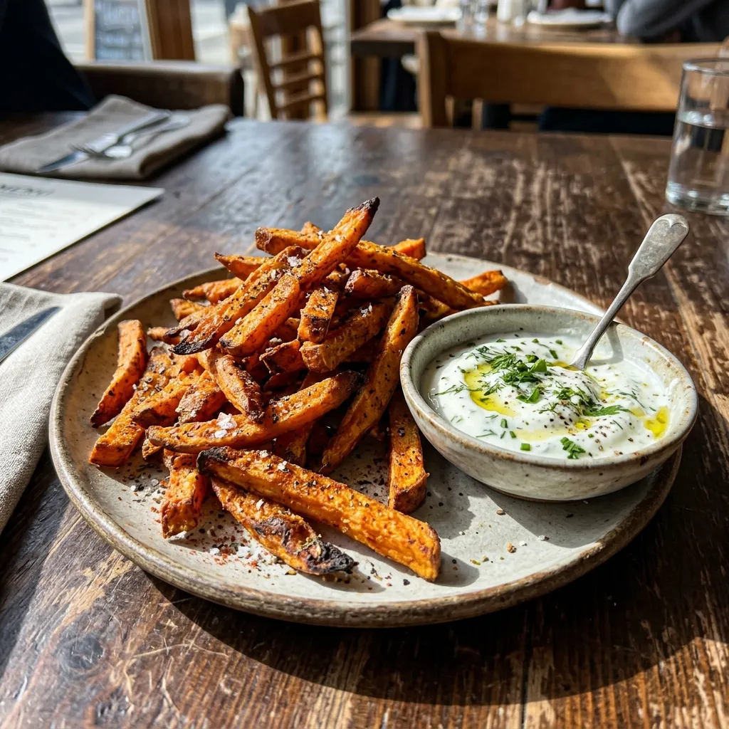Crispy sweet potato fries with herb quark