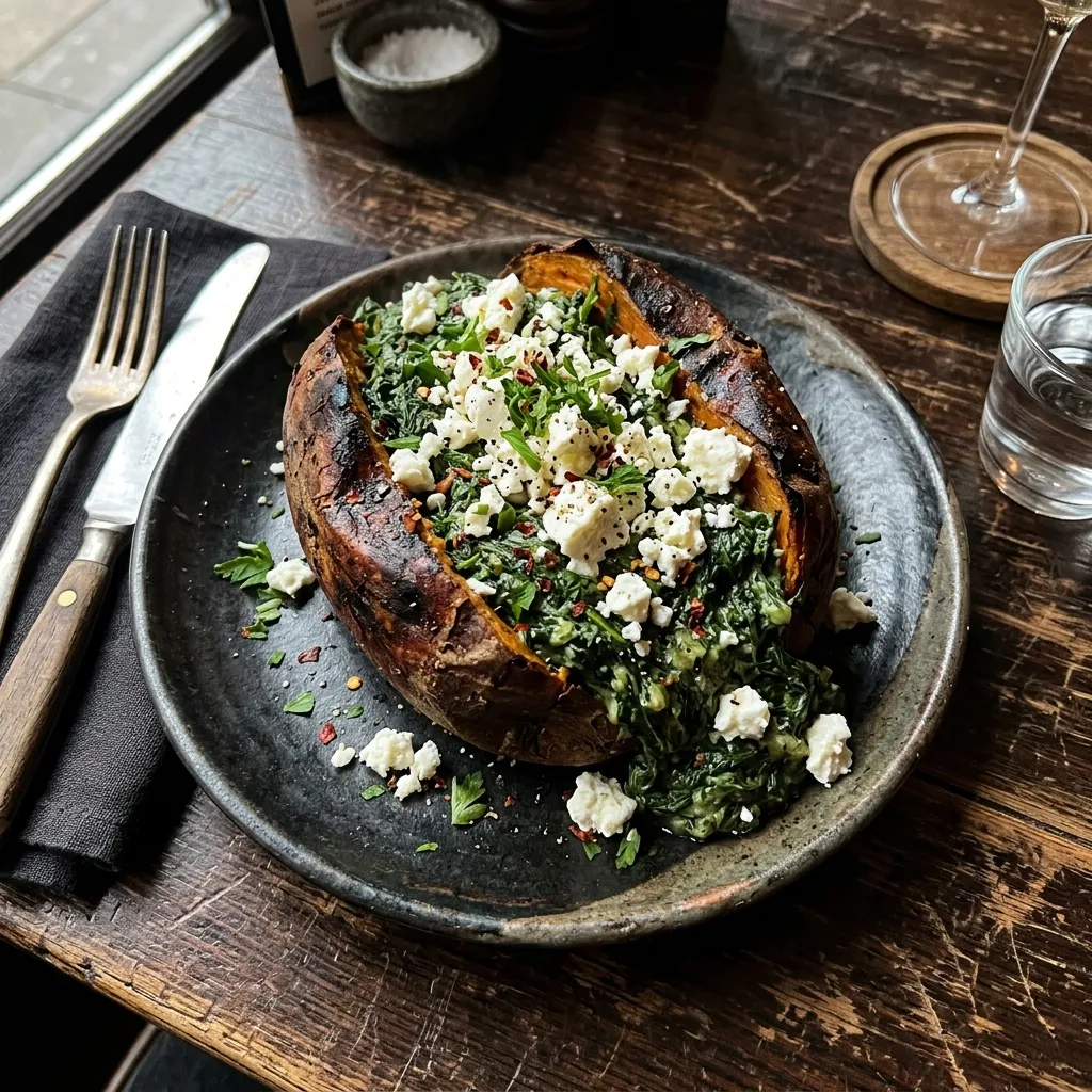 Baked sweet potato with spinach and feta filling