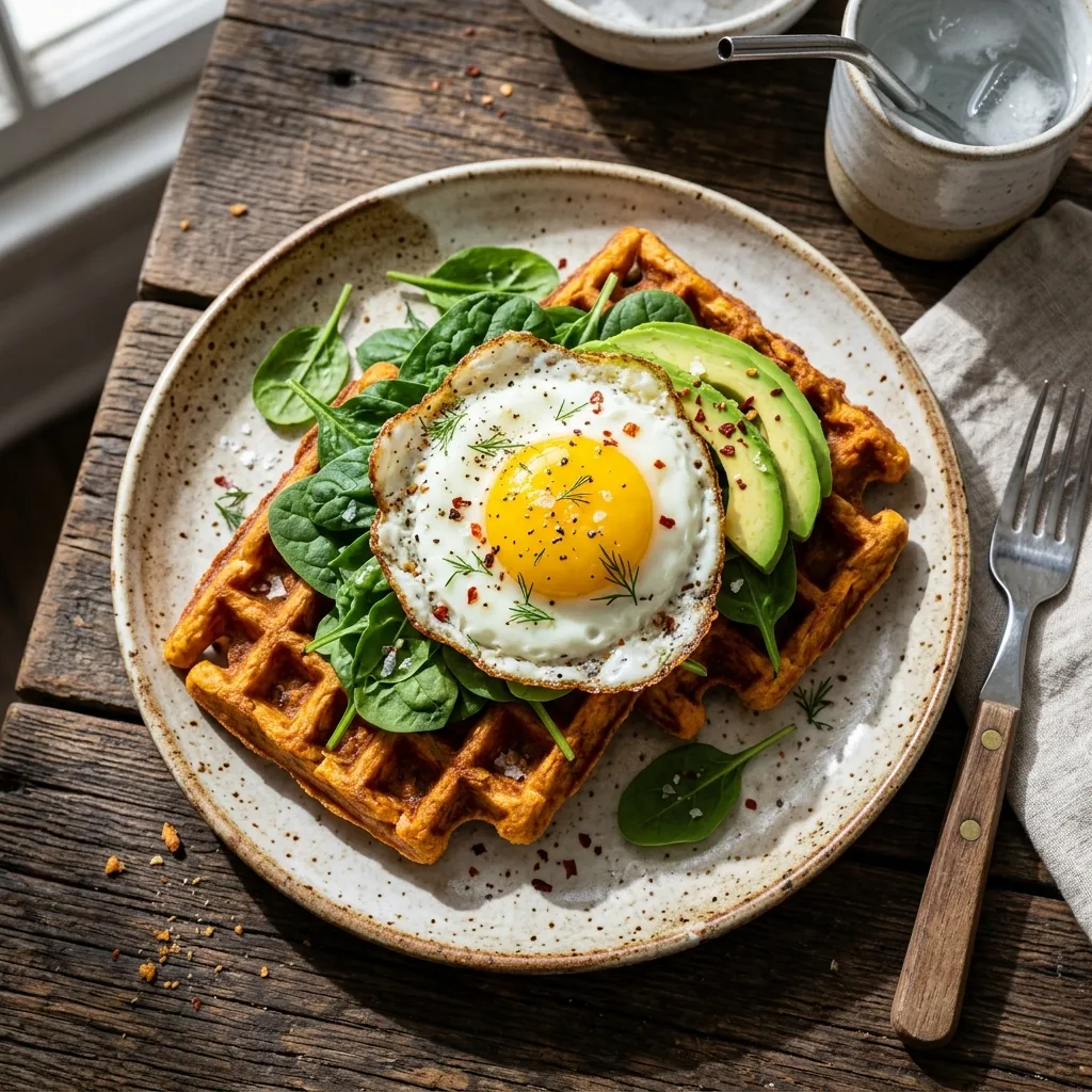 Colourful sweet potato waffles with avocado