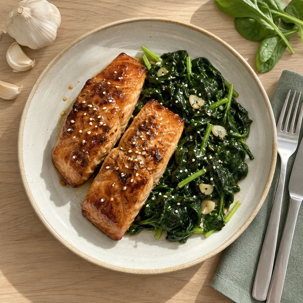 Teriyaki salmon with Asian sesame spinach