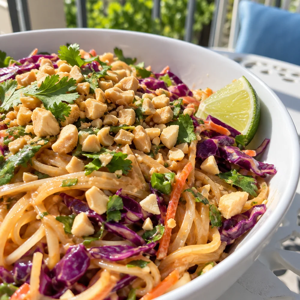 Vegan Thai peanut noodle bowl with red cabbage & lime