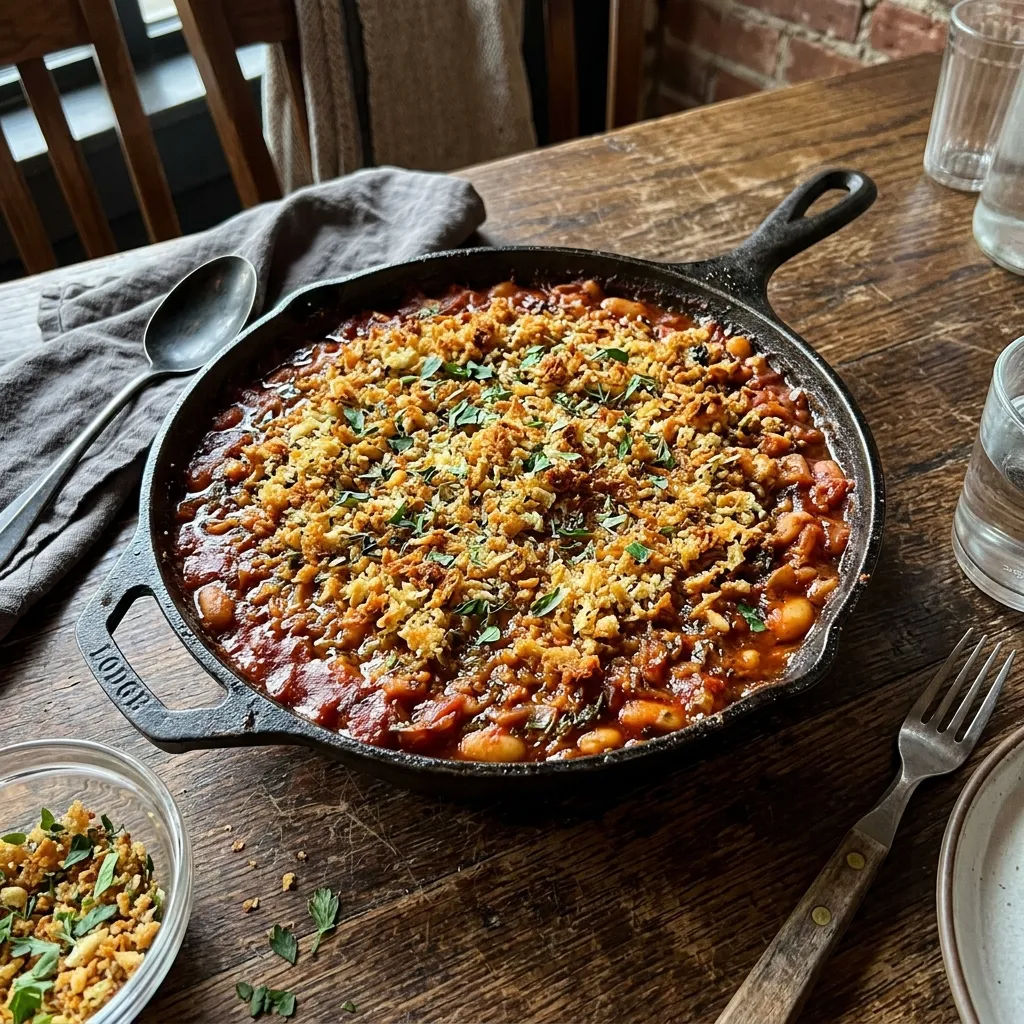 Vegetarian tomato and bean cassoulet with herb crust