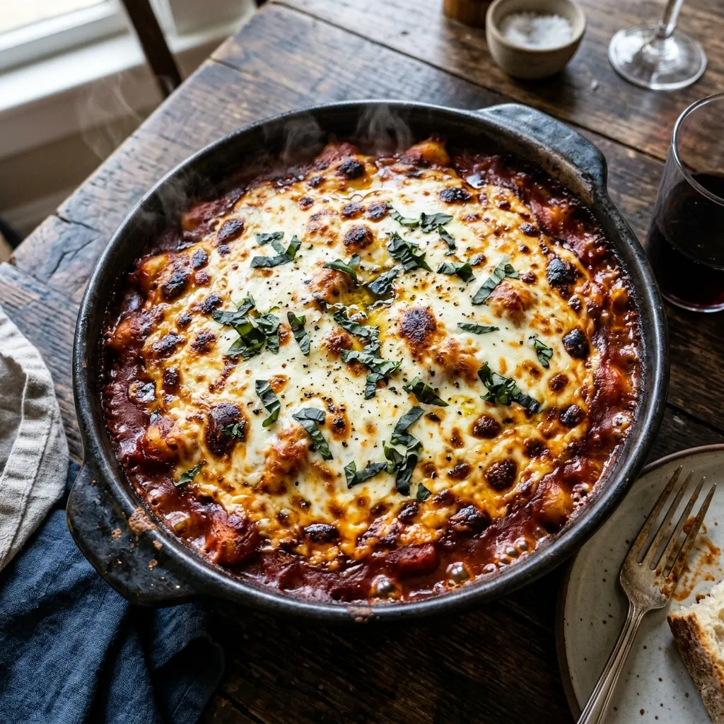 Baked tomato gnocchi with a mozzarella crust