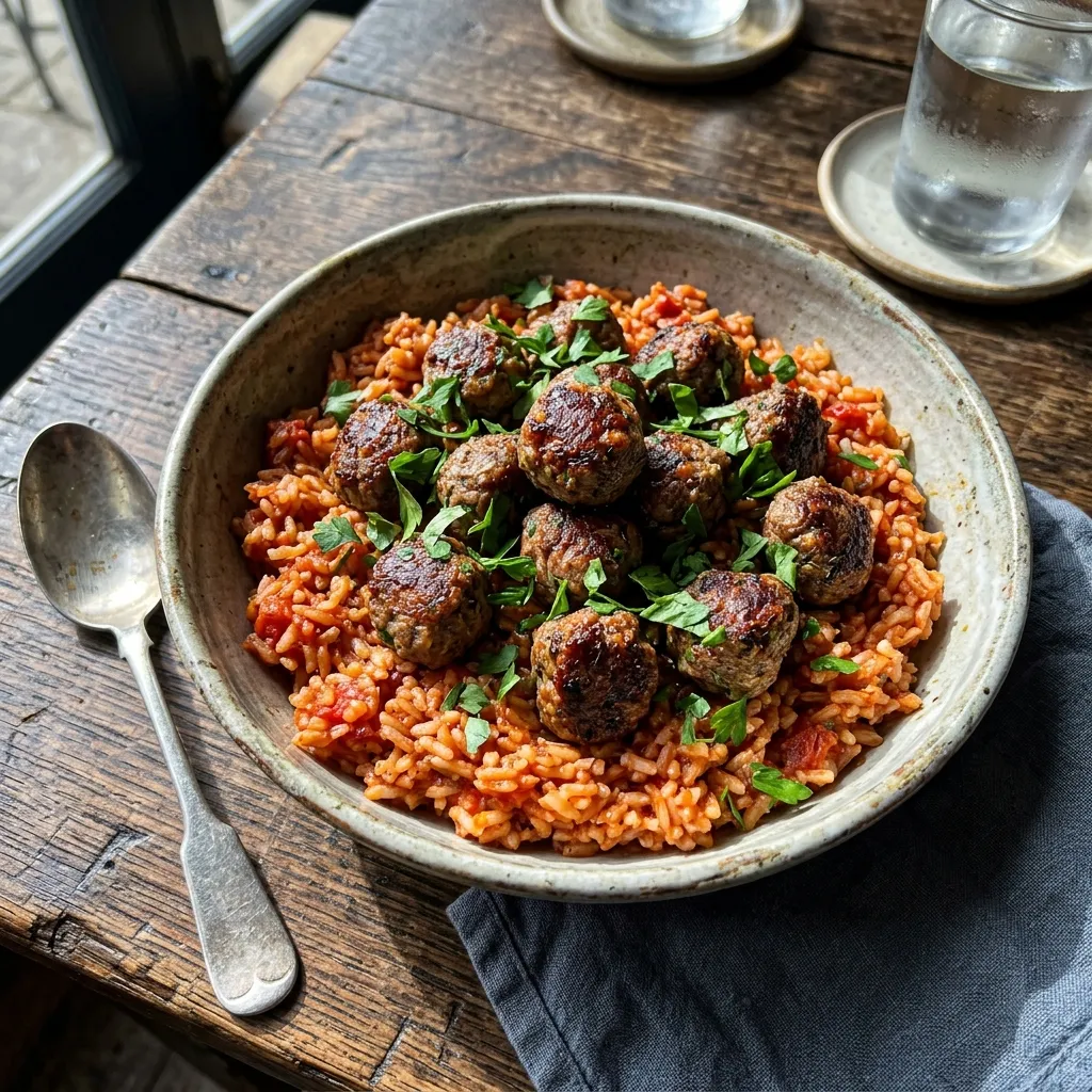 Tomato rice with beef meatballs