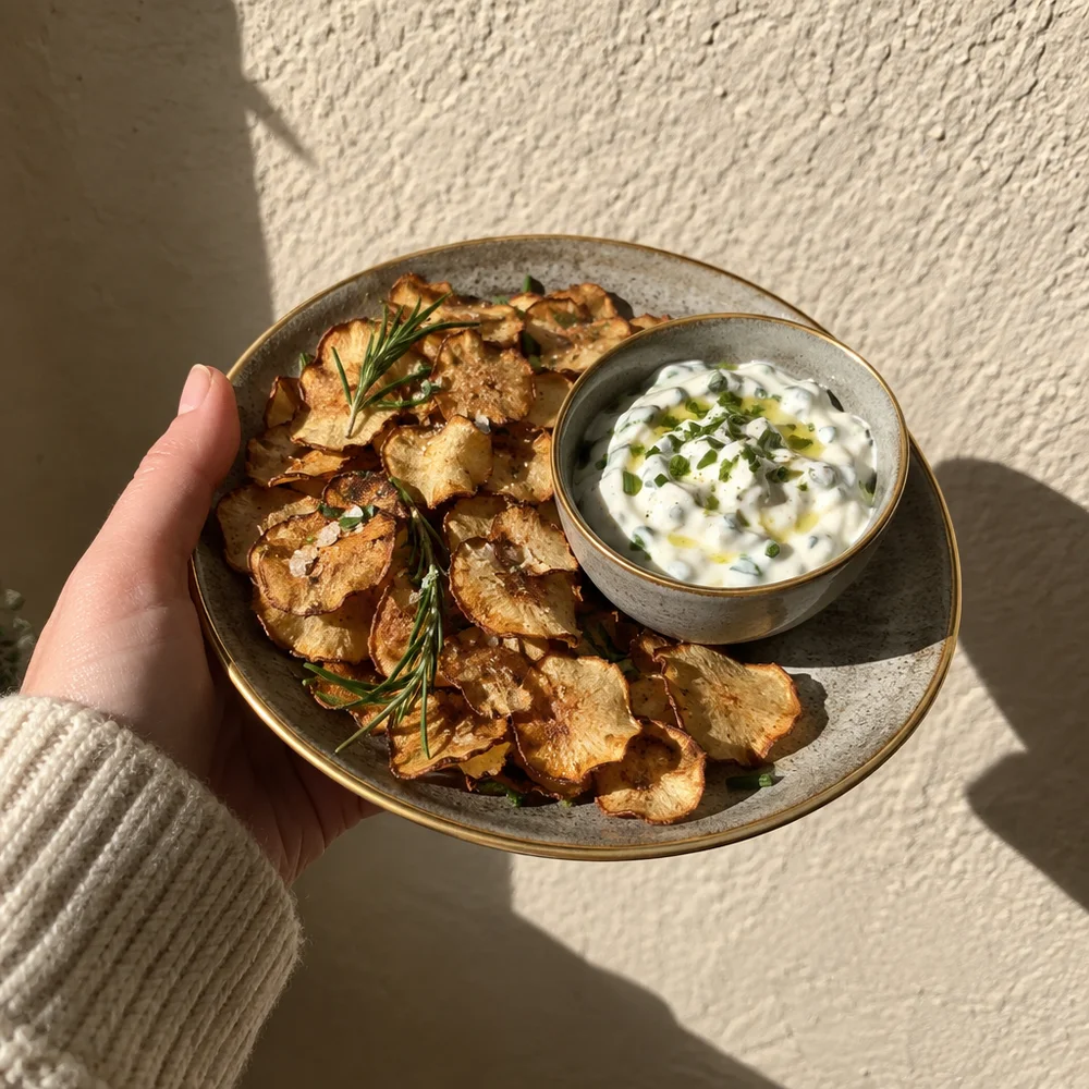 Air fryer Jerusalem artichoke crisps with chive skyr